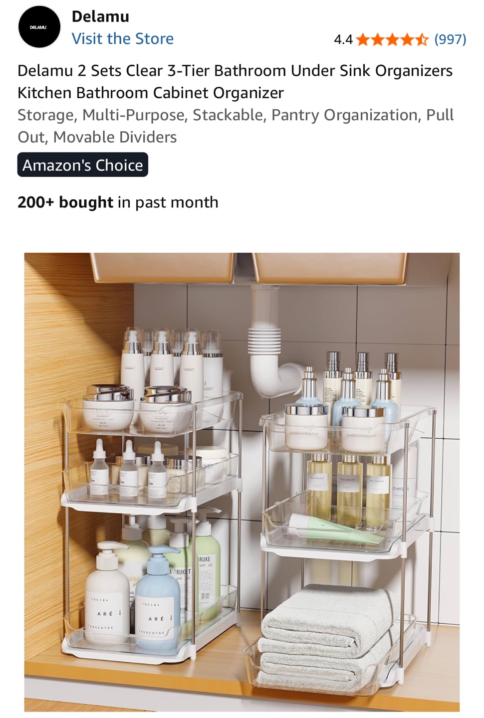 Delamu 2 Sets Clear 3-Tier Bathroom Organizer