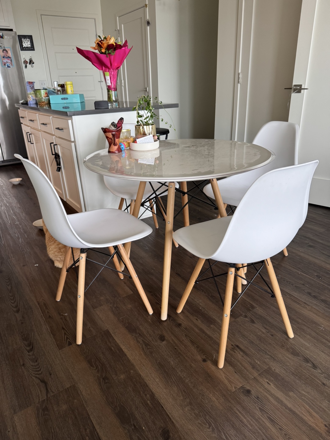 32” Round dining table + four chairs