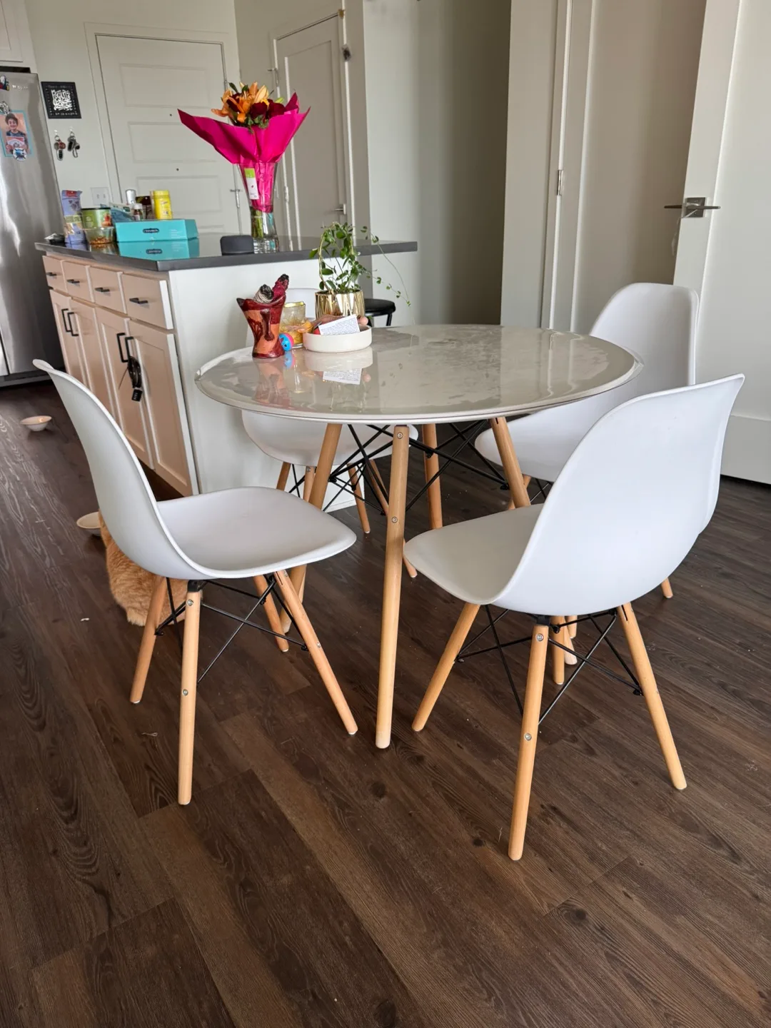 32” Round dining table + four chairs thumbnail