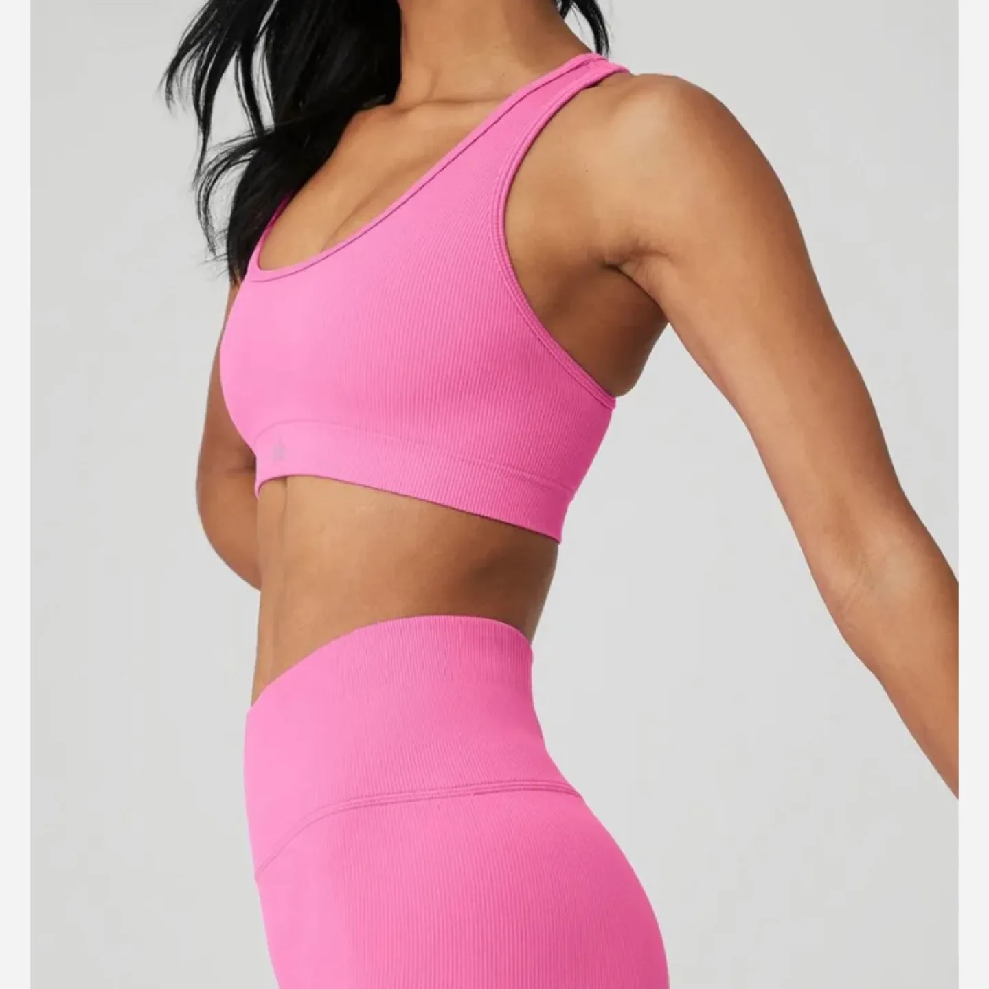 ALO Yoga Ribbed Crop Bra & Biker Shorts Set - Pink image indicator(3)