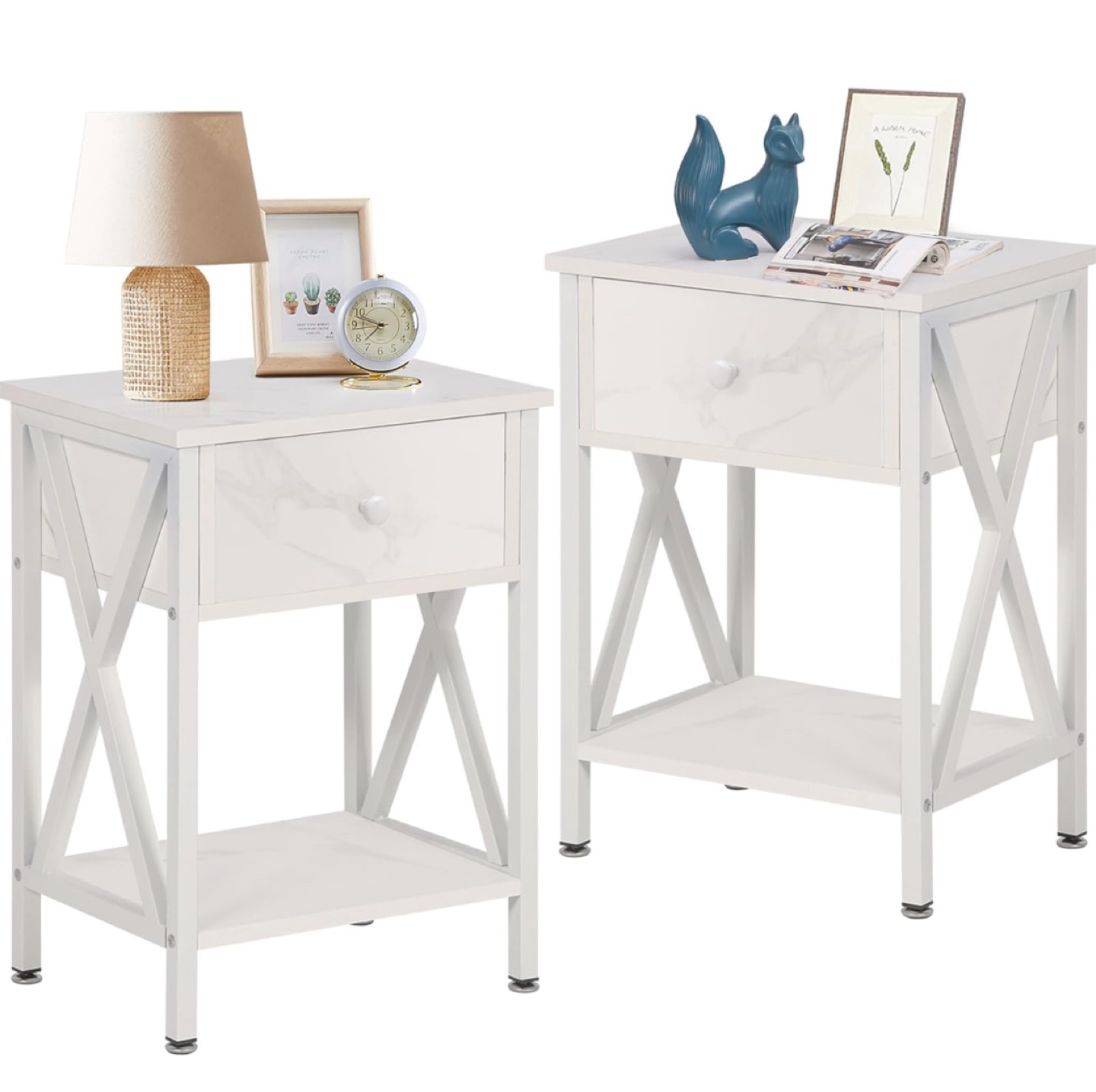 White Marble Top Nightstands - Set of 2