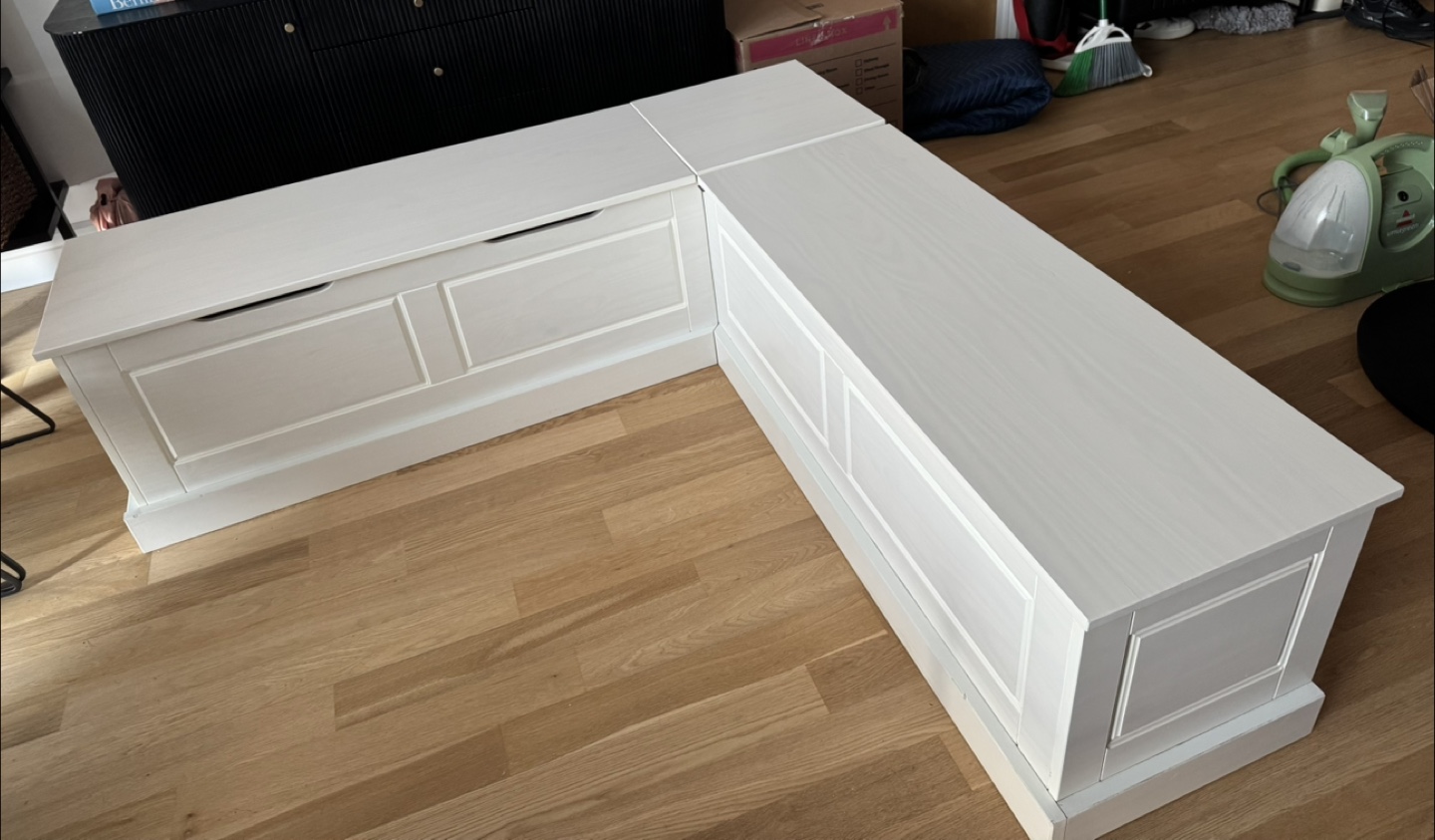 White Corner Storage Bench with Custom Cushions - photo 5