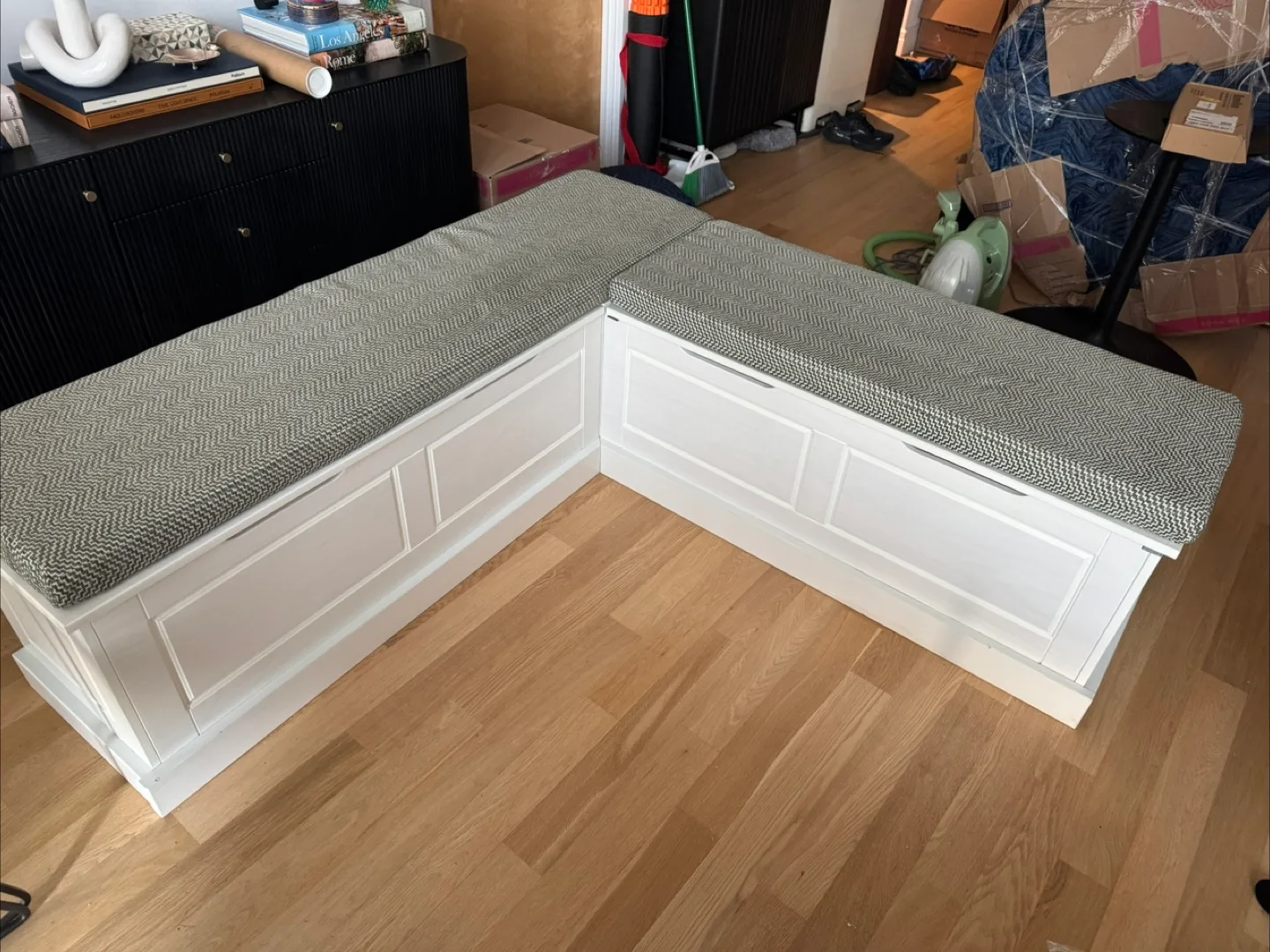 White Corner Storage Bench with Custom Cushions thumbnail