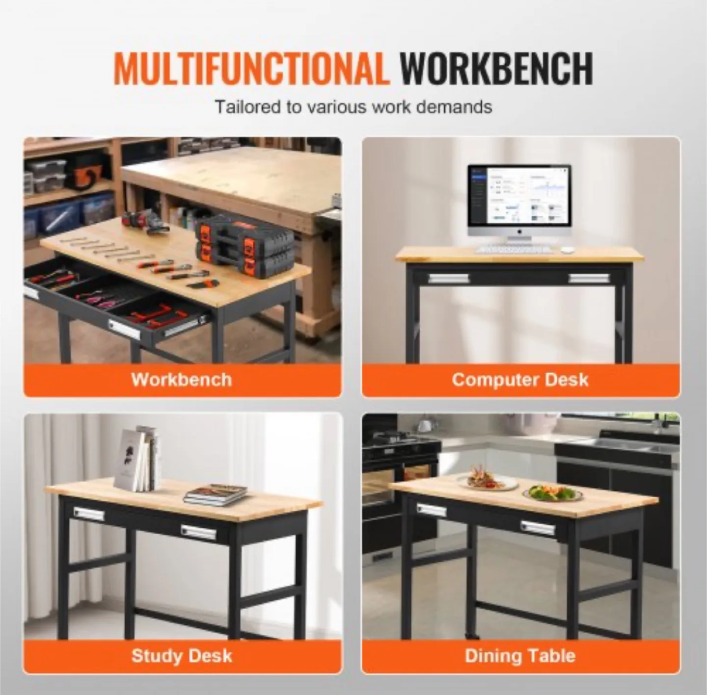 VEVOR 48" Workbench, Oak Wood Top Work Table with Drawer - NEW thumbnail