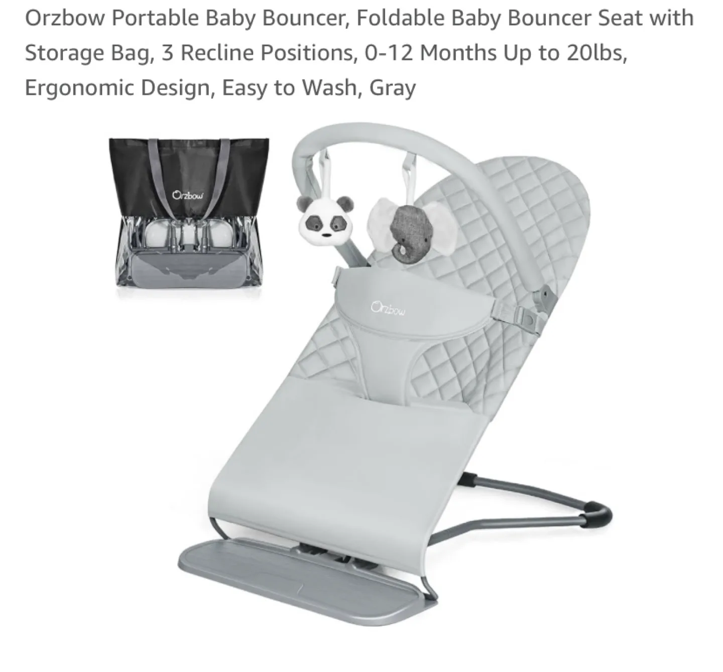 New Orzbow Portable Foldable Baby Bouncer Grey thumbnail