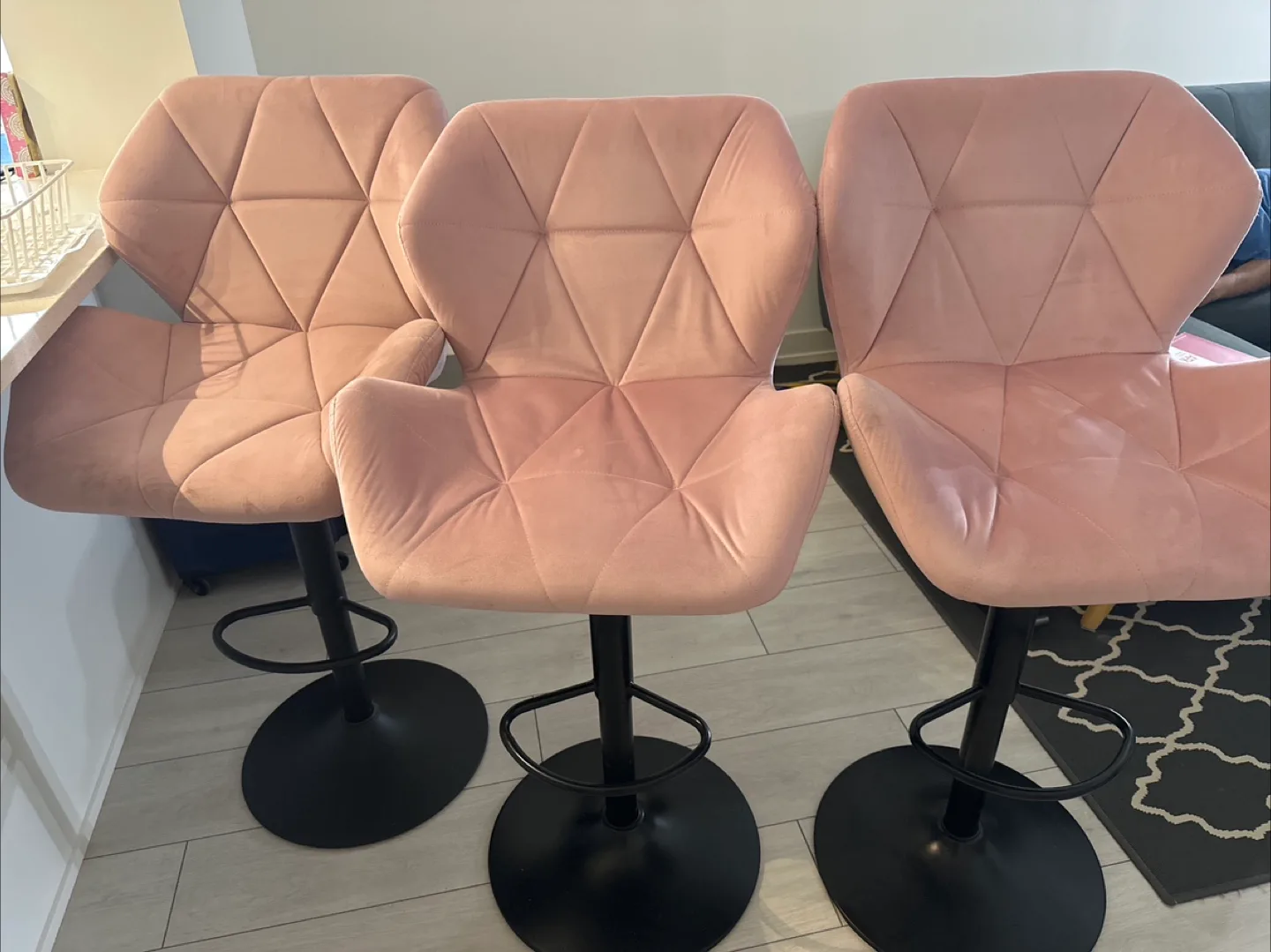 Set of 3 Pink Velvet Bar Stools thumbnail