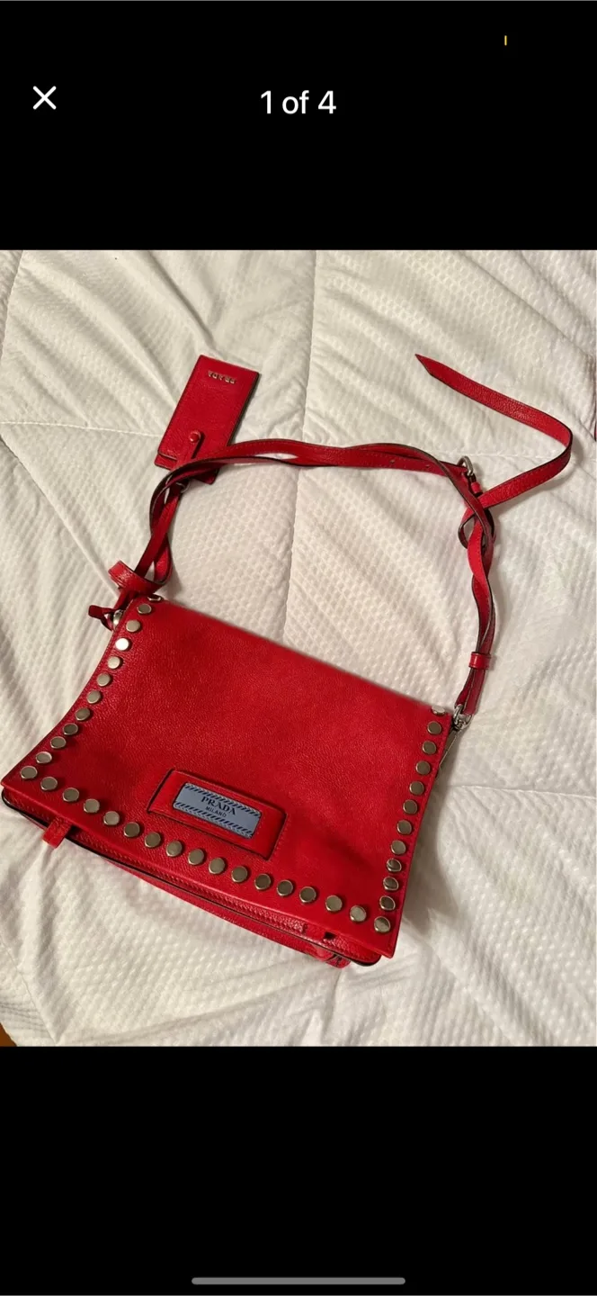 Prada Red Leather Studded Crossbody Bag thumbnail