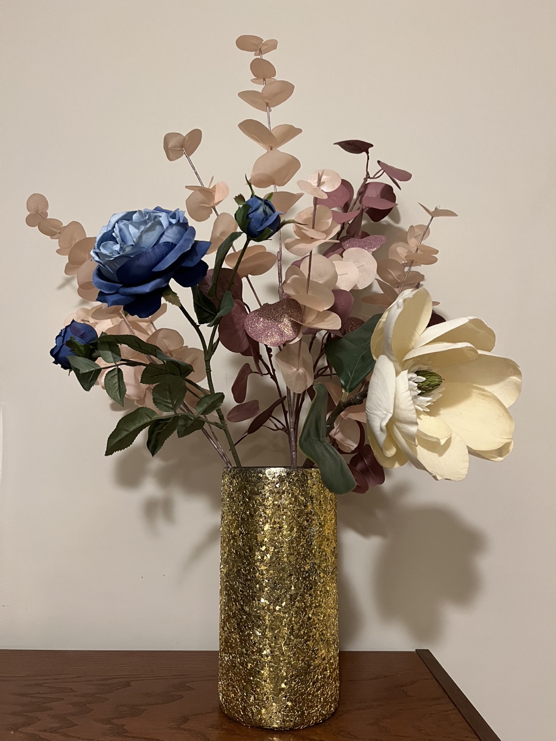 Glass Vase and a Golden sparkle Vase with artificial flowers