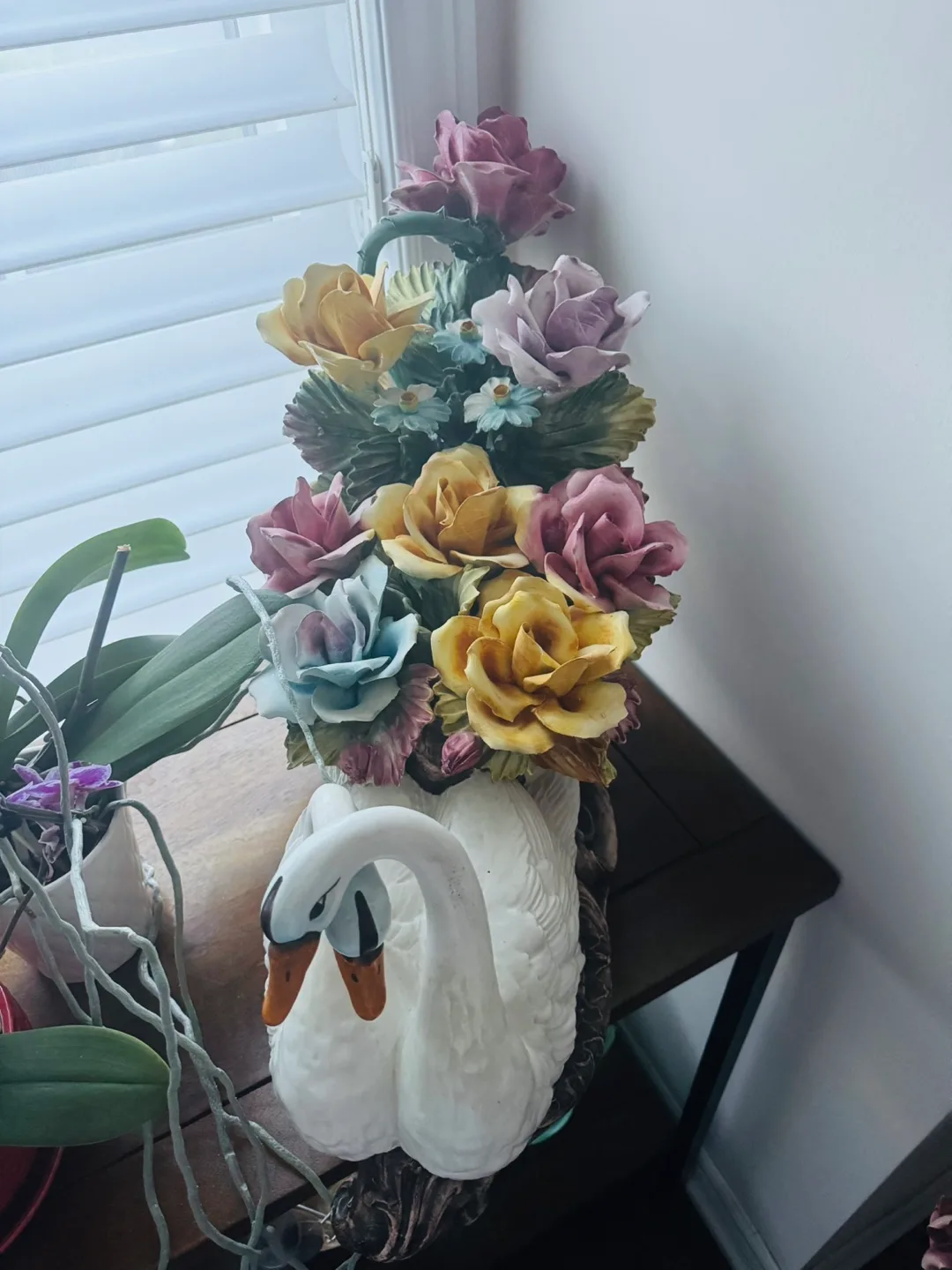 Swan Figurine with Floral Arrangement thumbnail