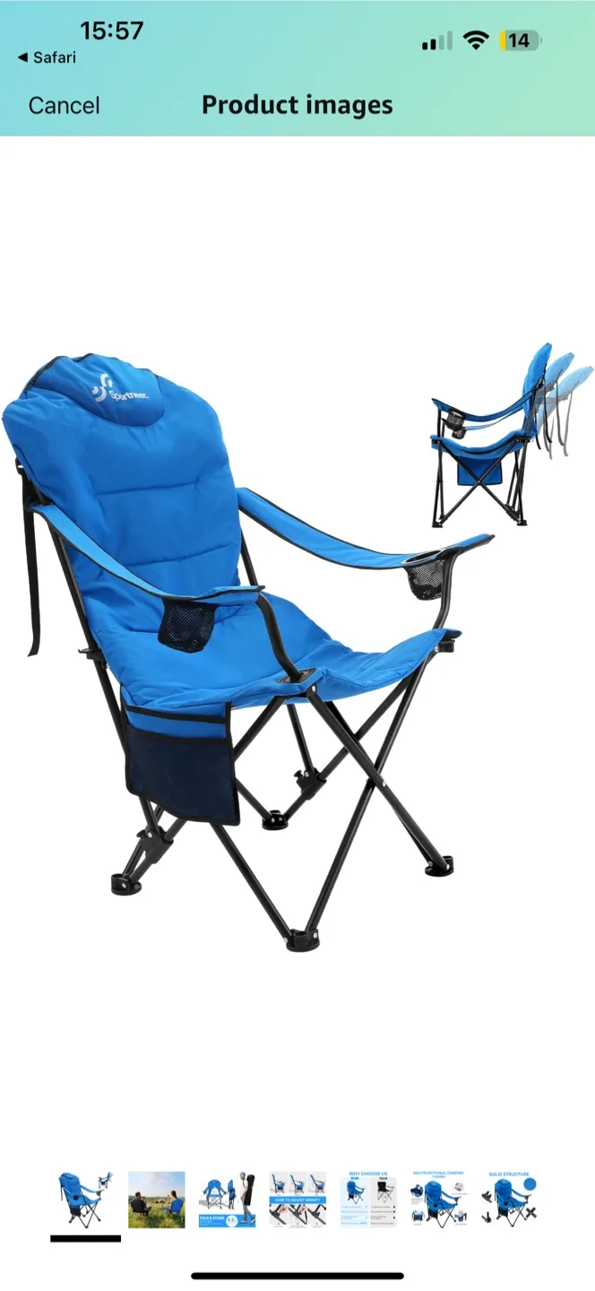 Oversized Camping Chair, Fully Padded Adjustable Folding - NEW thumbnail
