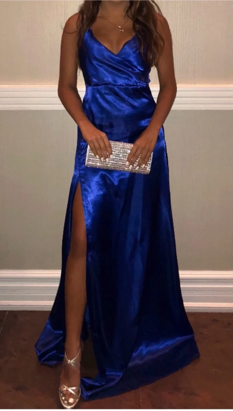 Blue Satin Slit Gown thumbnail
