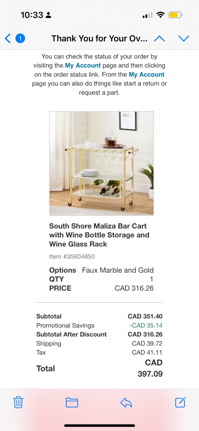 South Shore Maliza Metal Bar Cart - Gold & Marble - photo 3