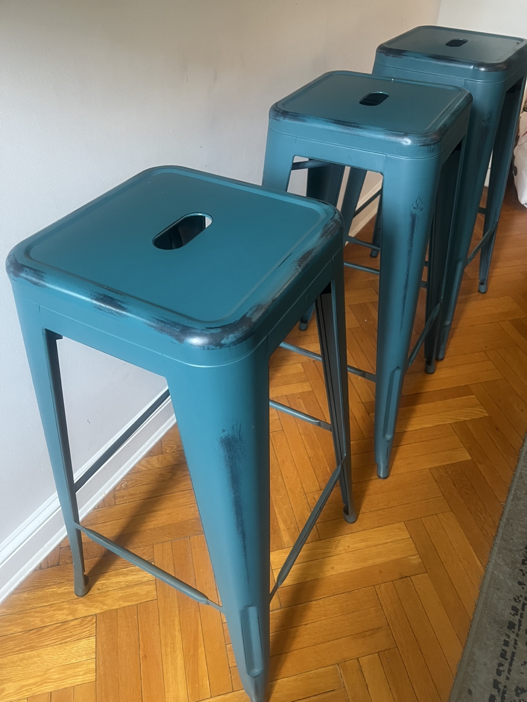 Set of 3 Teal Metal Bar Stools