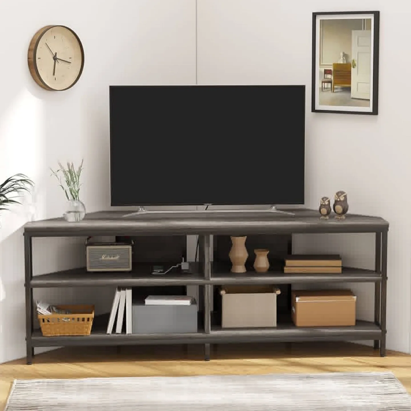 55” Corner TV Stand with Power Outlet, Corner Entertainment NEW thumbnail