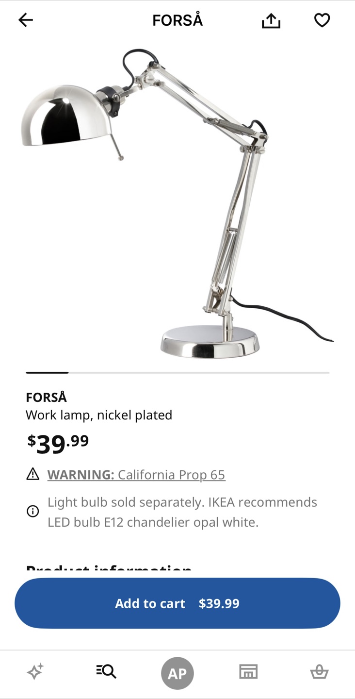 IKEA FORSÅ Nickel Plated Work Lamp