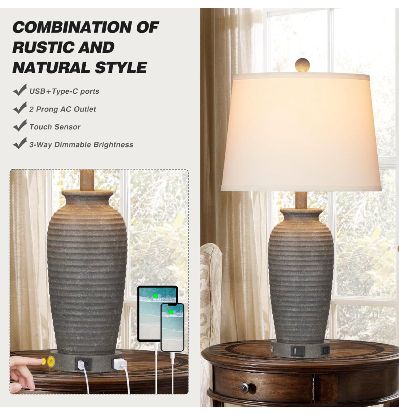 25" Farmhouse Jar Table Lamps Set of 2, - photo 4