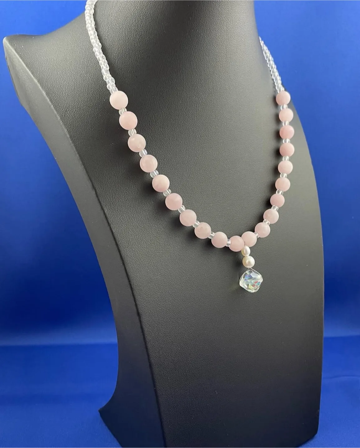 Crystal, Pearl and Rose Quartz bead necklace thumbnail