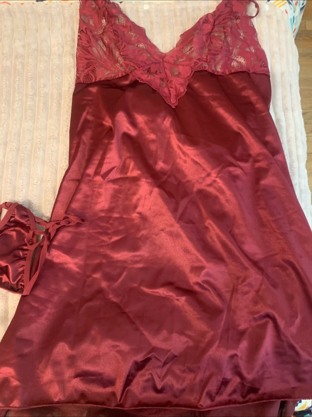 Burgundy Lace Top Satin Lingerie Set thumbnail