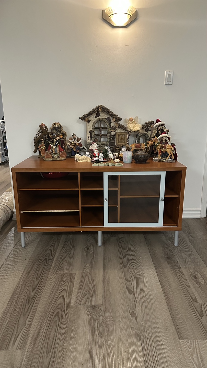 Brown TV Stand with Sliding Glass Door