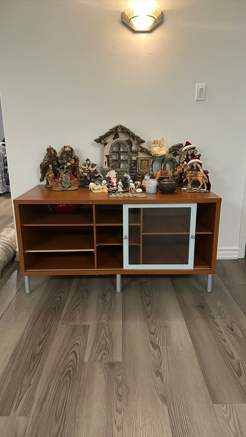 Brown TV Stand with Sliding Glass Door thumbnail