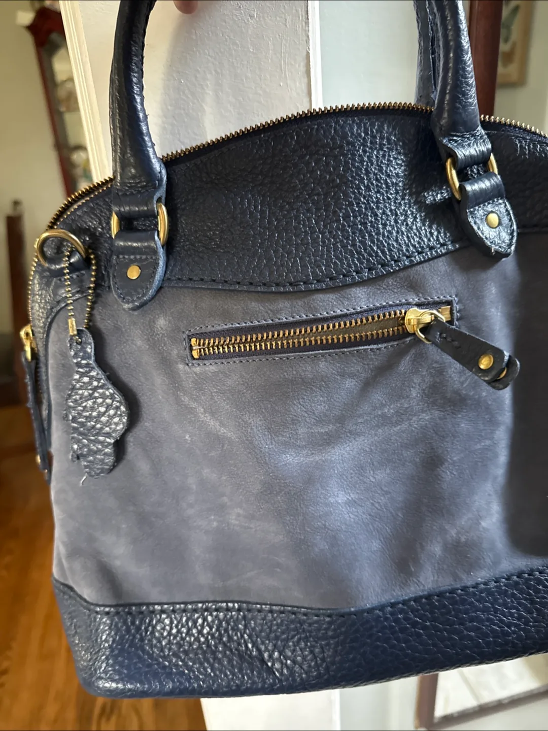 Navy Blue Leather Dome Satchel thumbnail