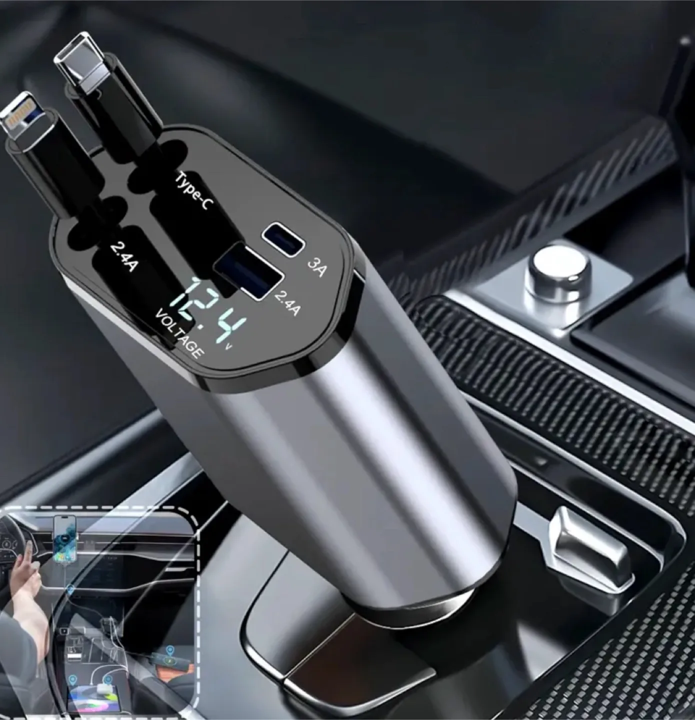Retractable Car Charger with Lightning & Type-C Cables thumbnail