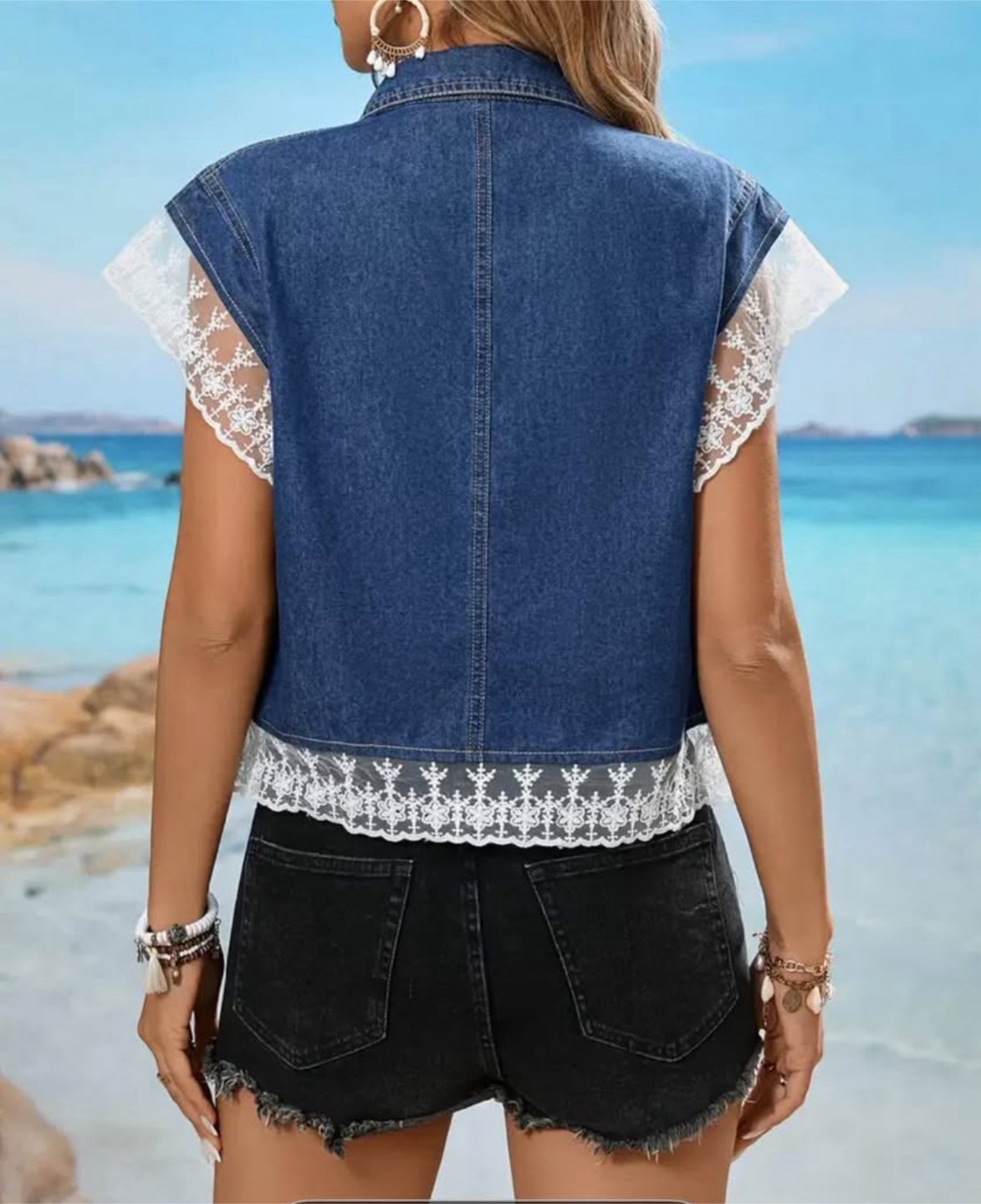 🇨🇦Denim Vest with Lace Trim - Size L - photo 2