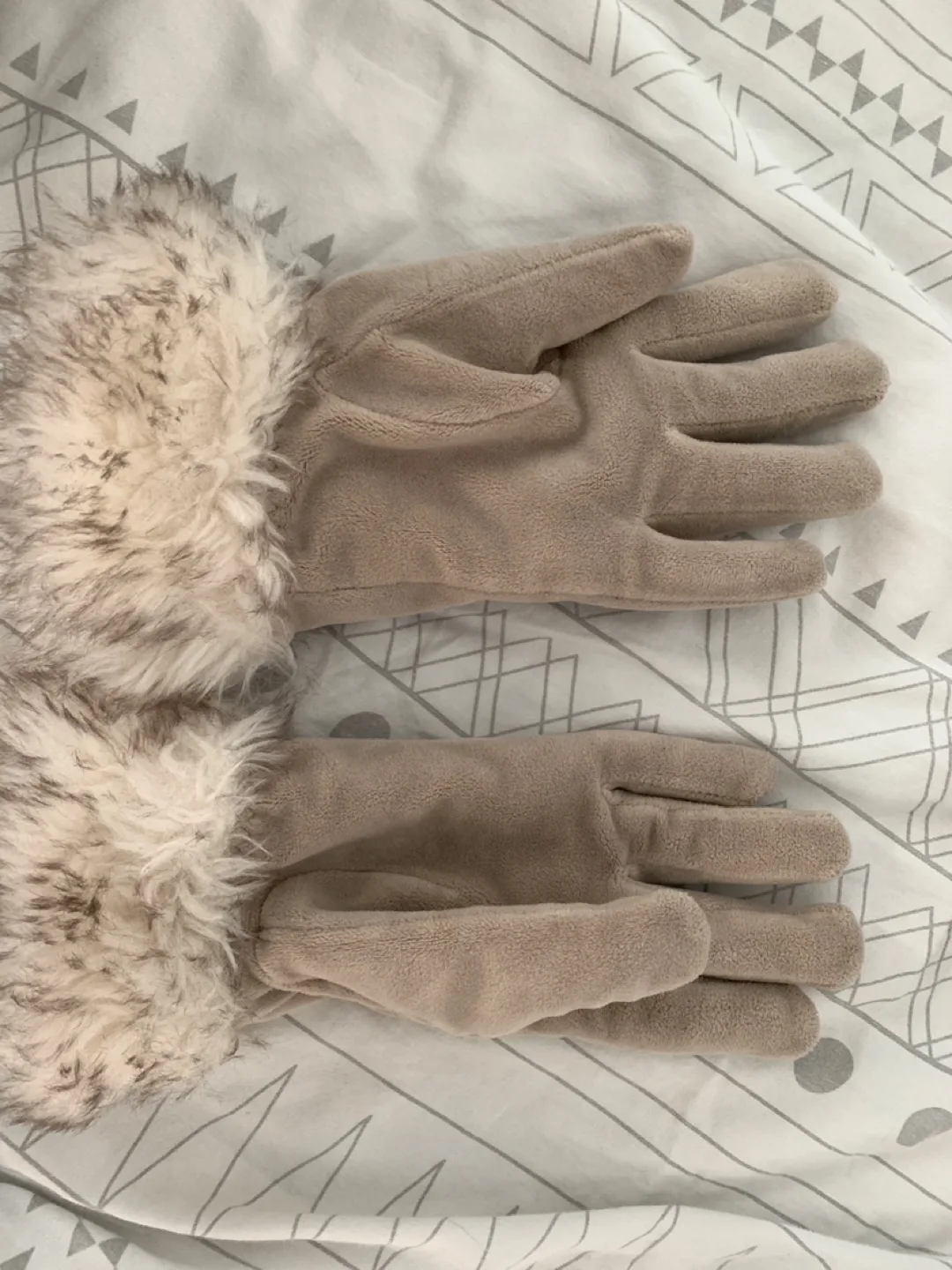 Fur-Trimmed Gloves - Beige, Size M thumbnail