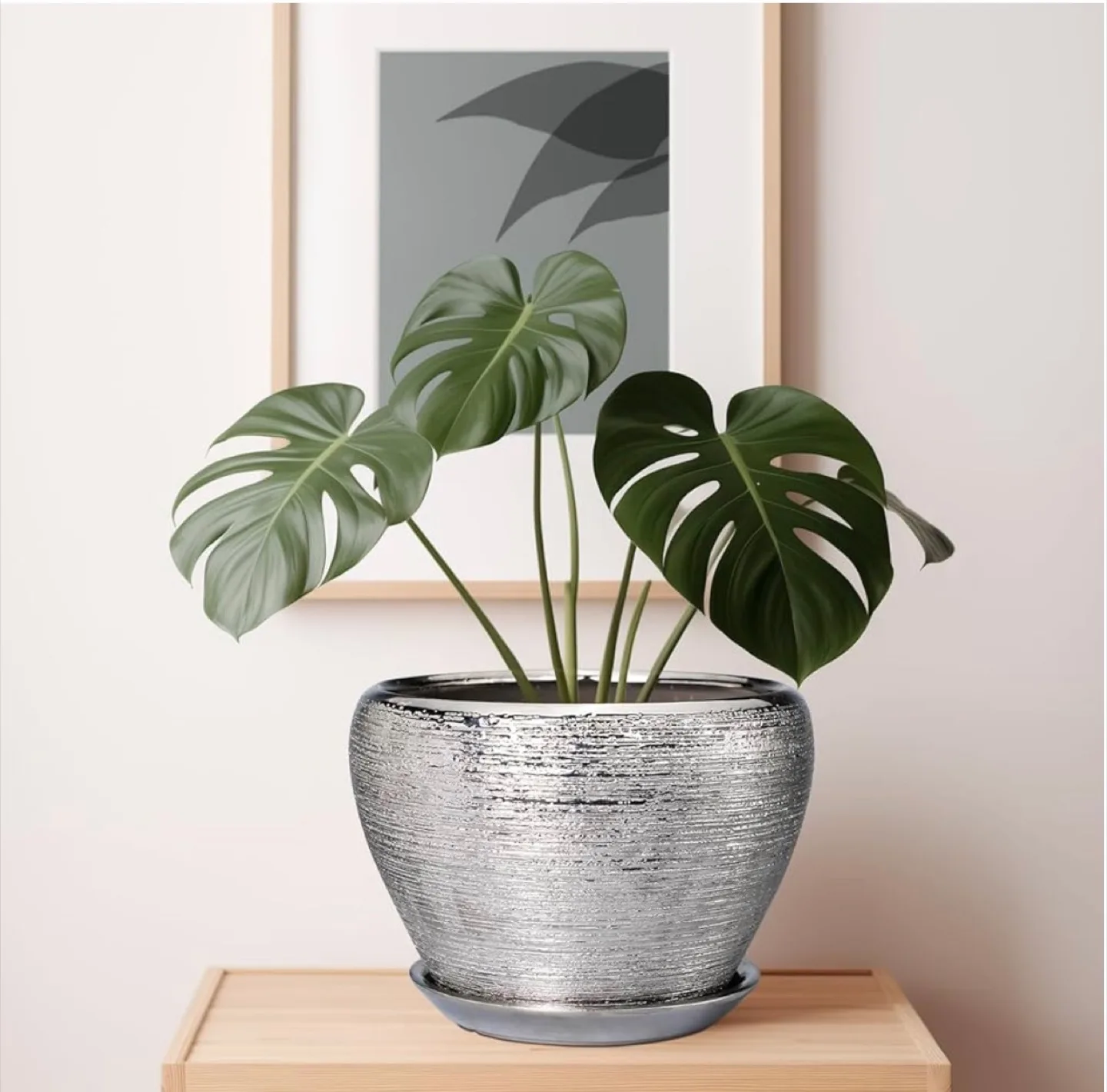 Silver Textured Ceramic Plant Pot with Tray thumbnail