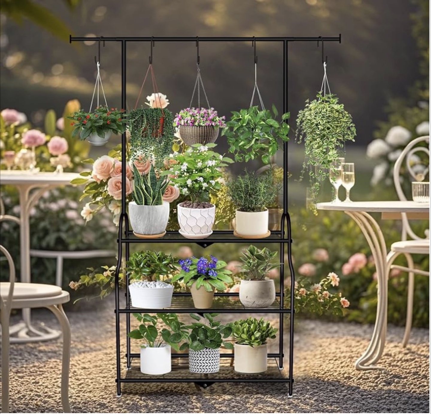 Black Metal Plant Stand with Hanging Rod - photo 2