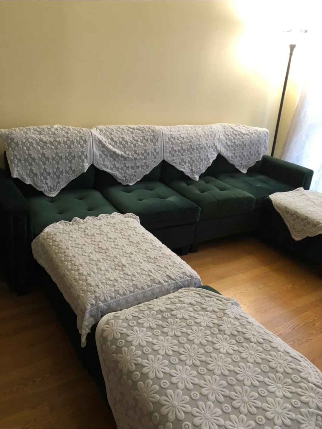 Moving sale-Green Sectional Sofa-Sleeper with Ottoman thumbnail