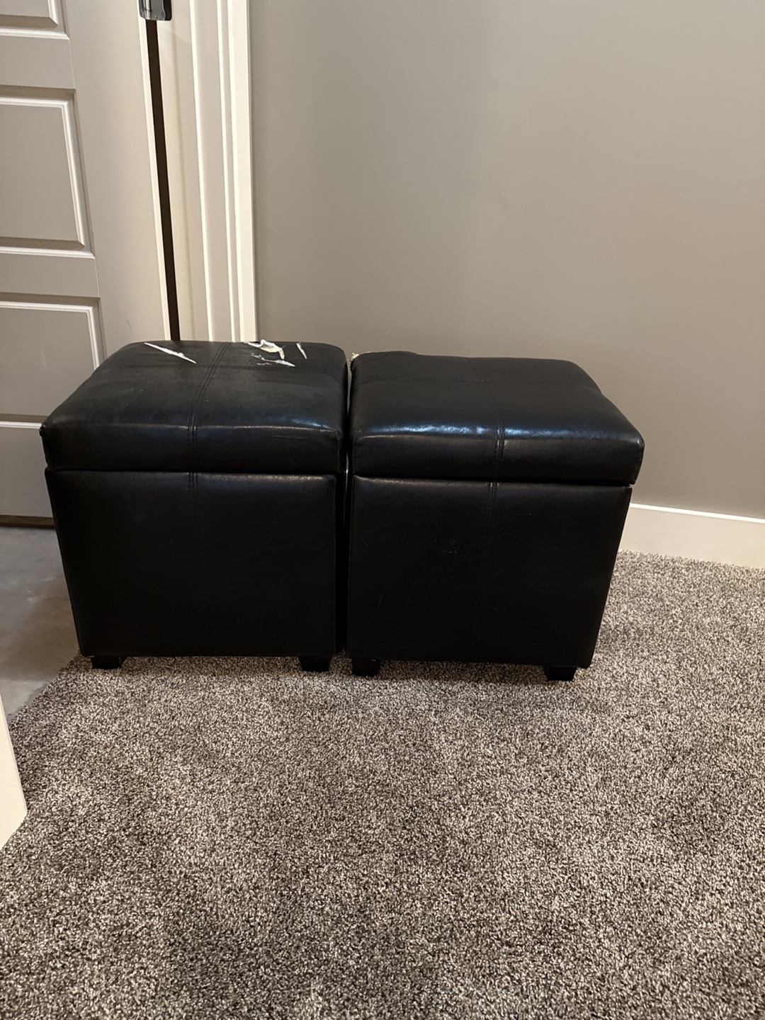 Black Faux Leather Storage Ottoman - Damaged
