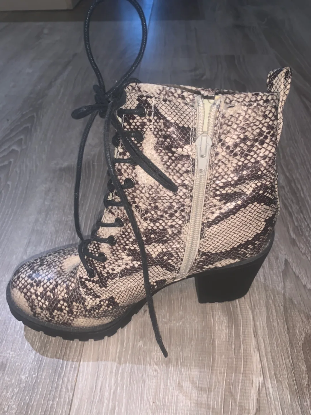 Snakeskin Print Lace-Up Heeled Booties