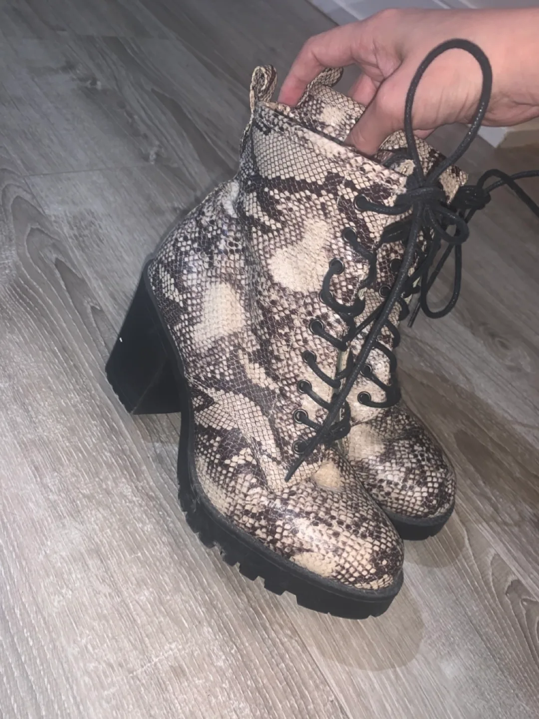 Snakeskin Print Lace-Up Heeled Booties image indicator(2)