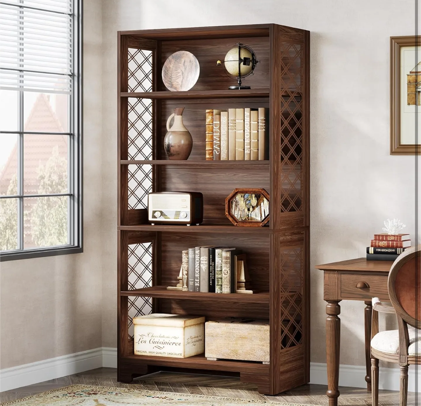 New Brown Wooden Bookshelf with X-Design 70.8 inch thumbnail