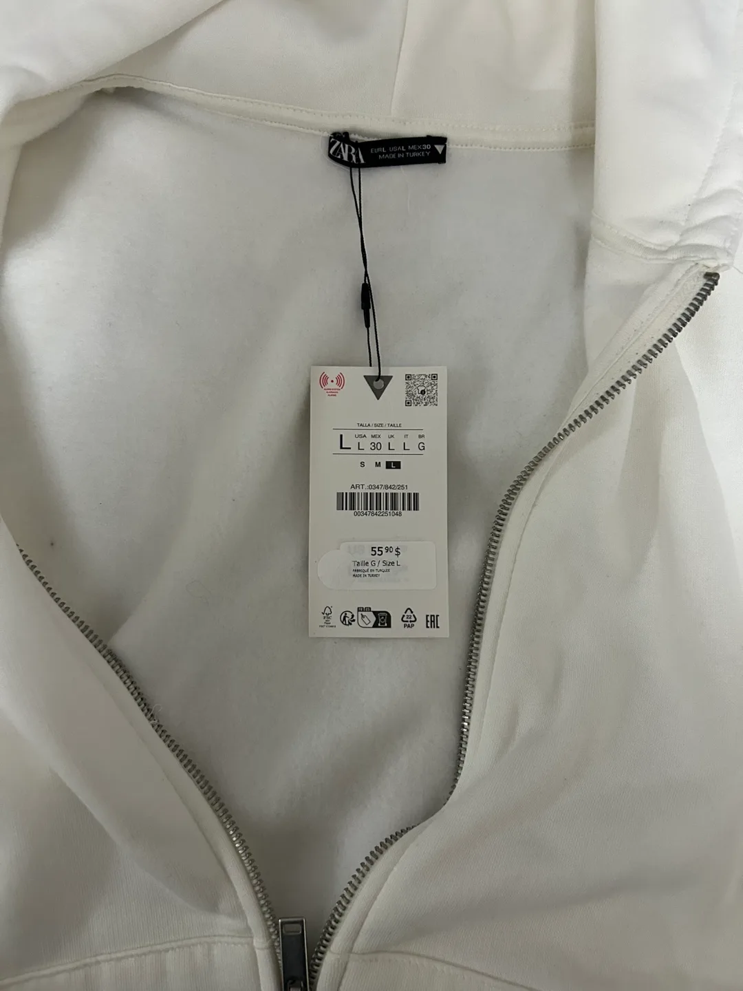 Zara White Zip-Up Hoodie - Size L image indicator(2)