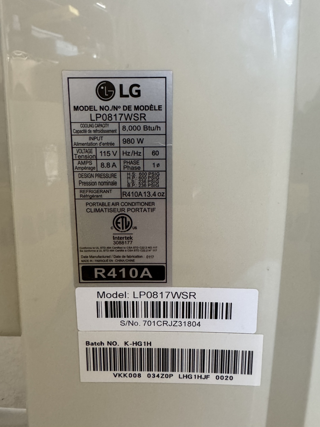 LG Portable Air Conditioner LP0817WSR - photo 2