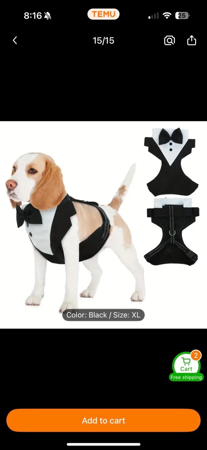 Wedding Dog Tuxedo Harness - Black, Size Medium image indicator(2)