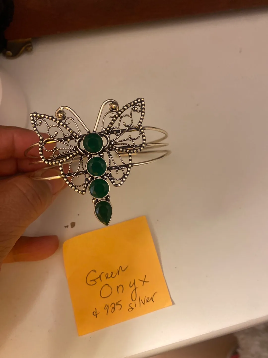 Green Onyx & 925 Silver Butterfly Bangle thumbnail