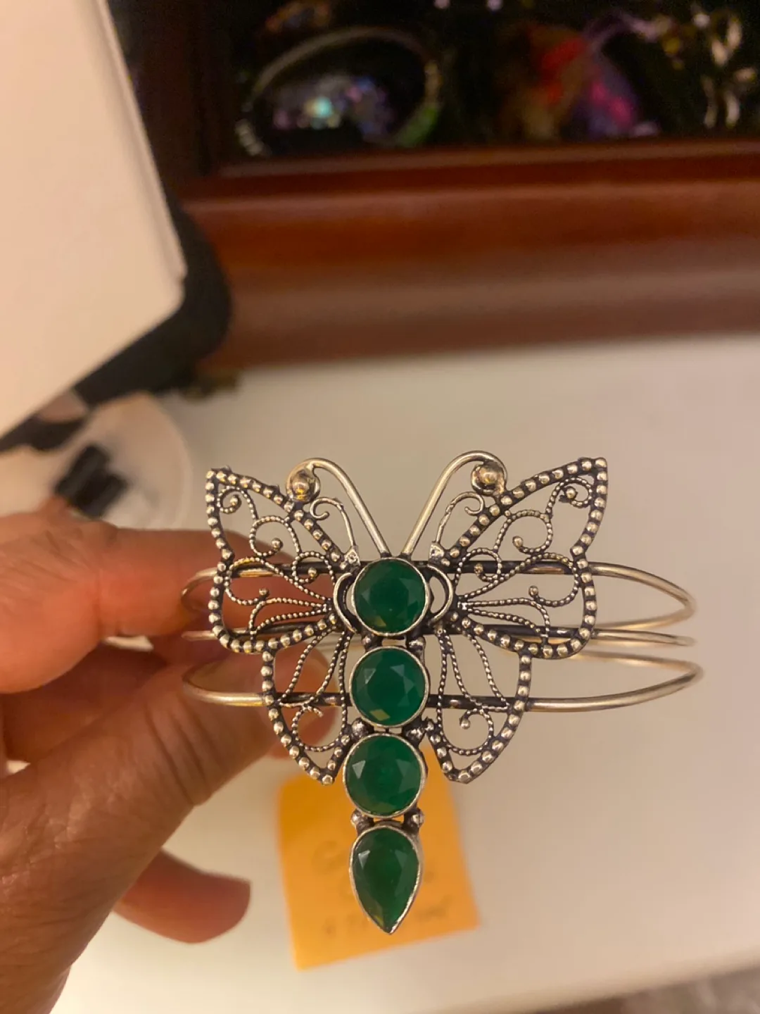 Green Onyx & 925 Silver Butterfly Bangle image indicator(3)