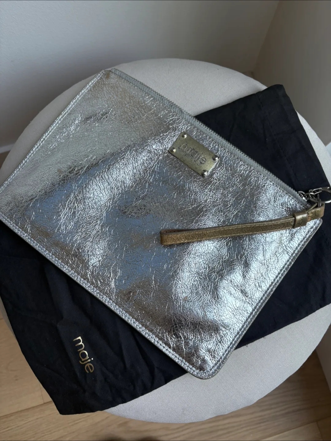 Maje Two Tone Silver & Gold Leather Clutch Wristlet thumbnail