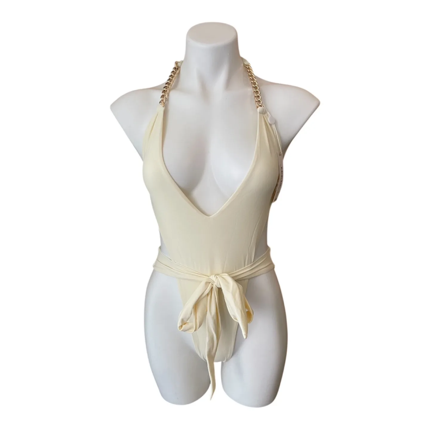 NWT White Monokini Cut Outs Gold Chains Small thumbnail