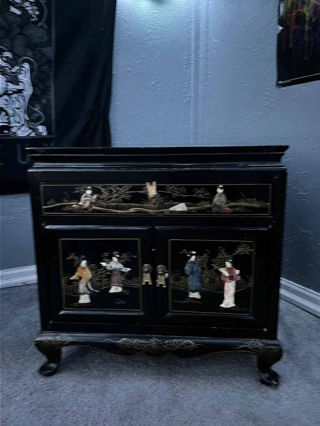 Vintage Asian Black Lacquer Cabinet thumbnail
