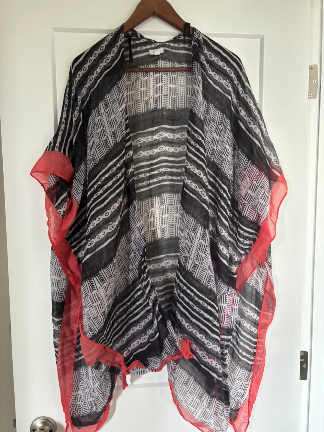 Bathing suit cover up Black & White Kimono with Coral Trim thumbnail