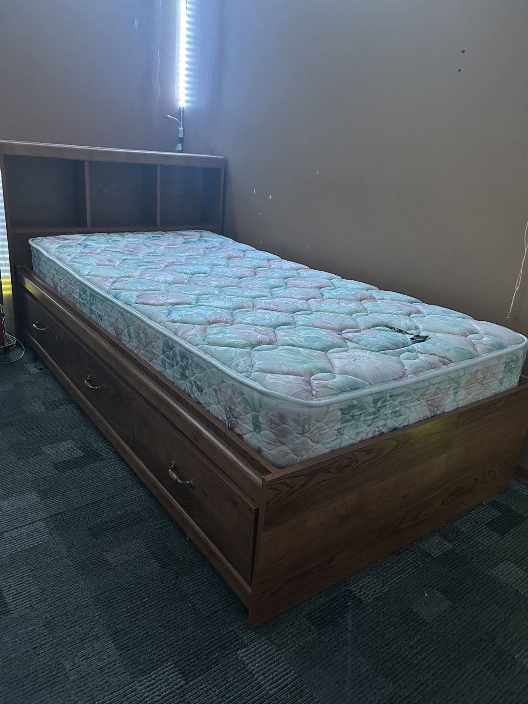 Wooden Single Bed Frame with Storage & Desk Hutch