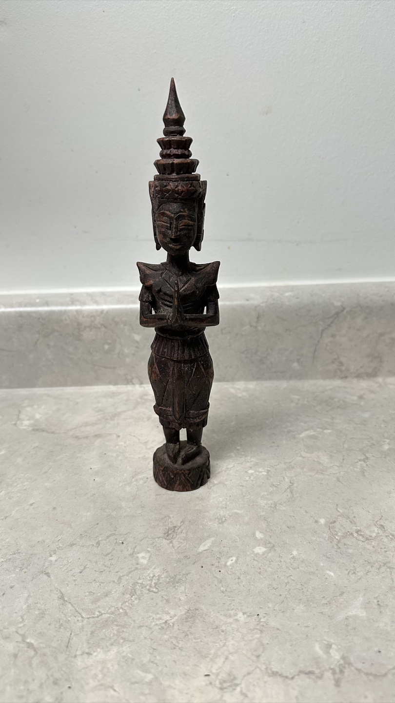 miniature Thai/Cambodian Style Wooden Statue - Spiritual Decor