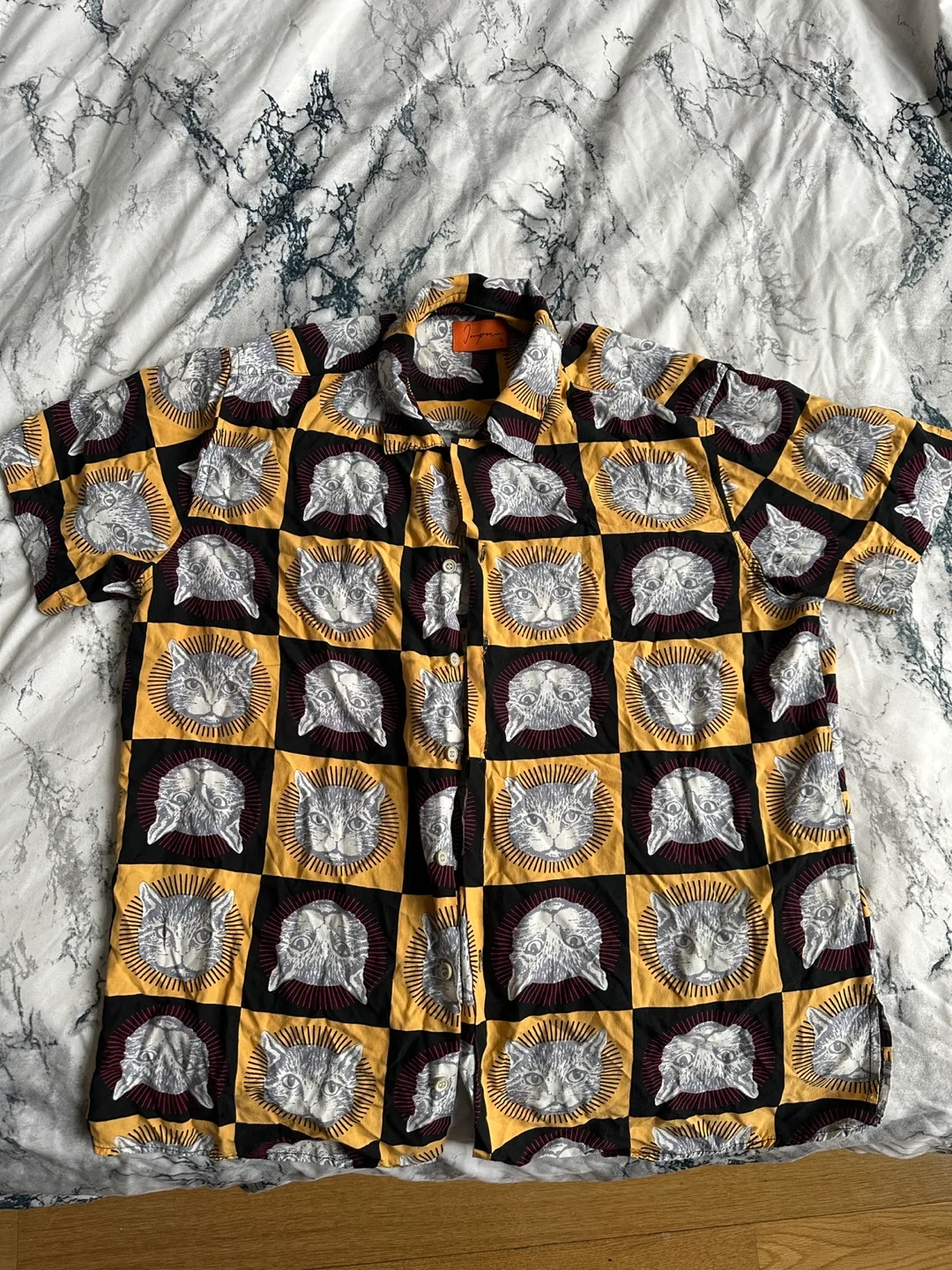 ITALIAN CAT PRINT BUTTON POLO T SHIRT MEN SIZE LARGE WOMEN XL thumbnail