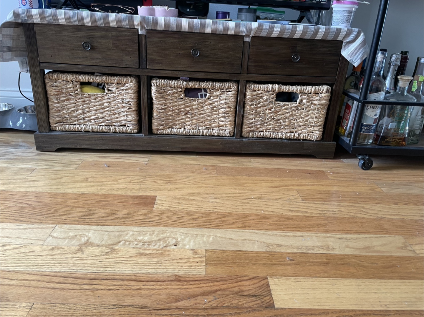 Wood TV Stand/Bench/Storage Basket w/ Drawers and Wicker Baskets