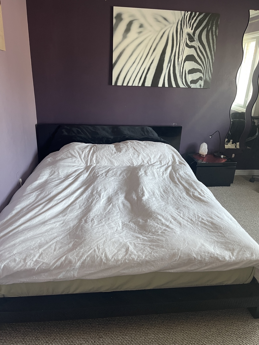 Bed frame, mattress and side table