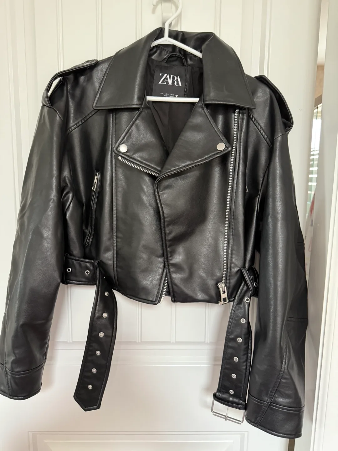 Zara Black Faux Leather Biker Jacket - Size L thumbnail